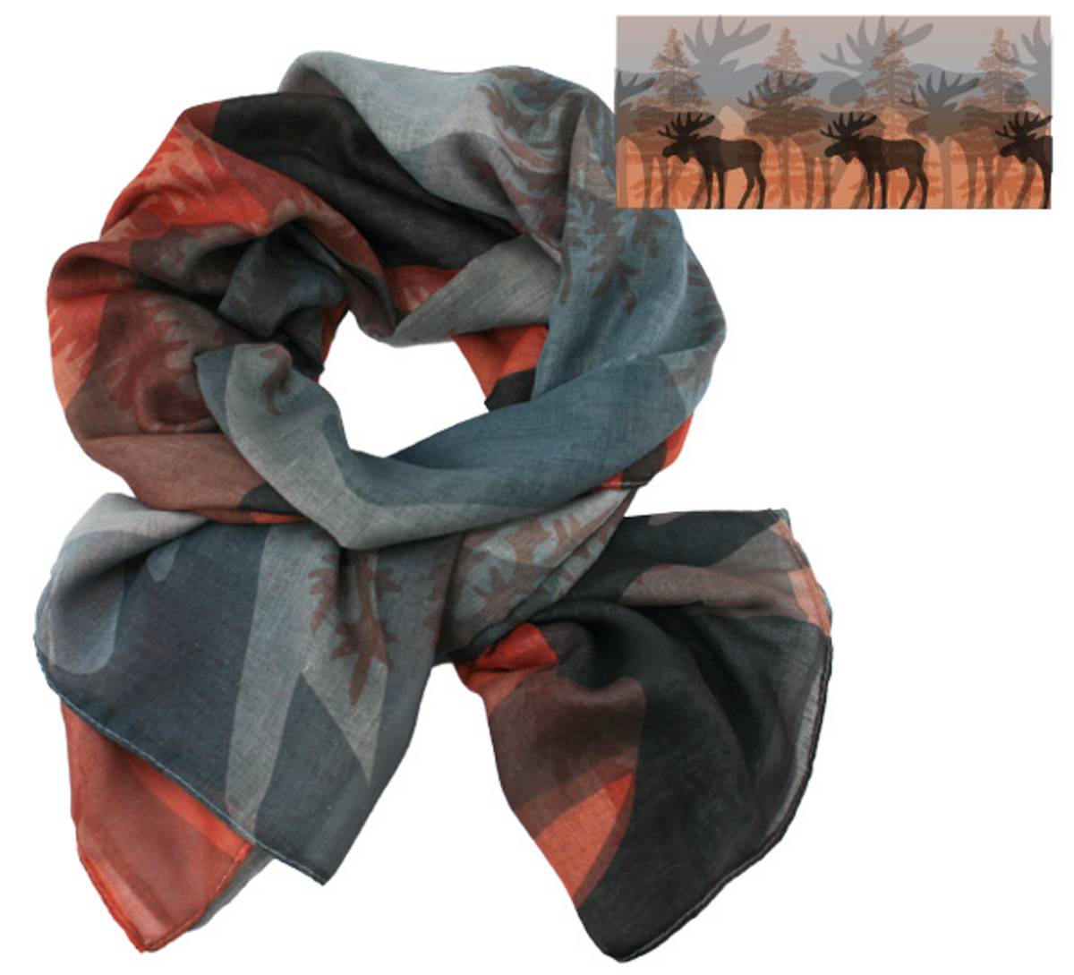 Scarf, moose in the forest. Grey/orange