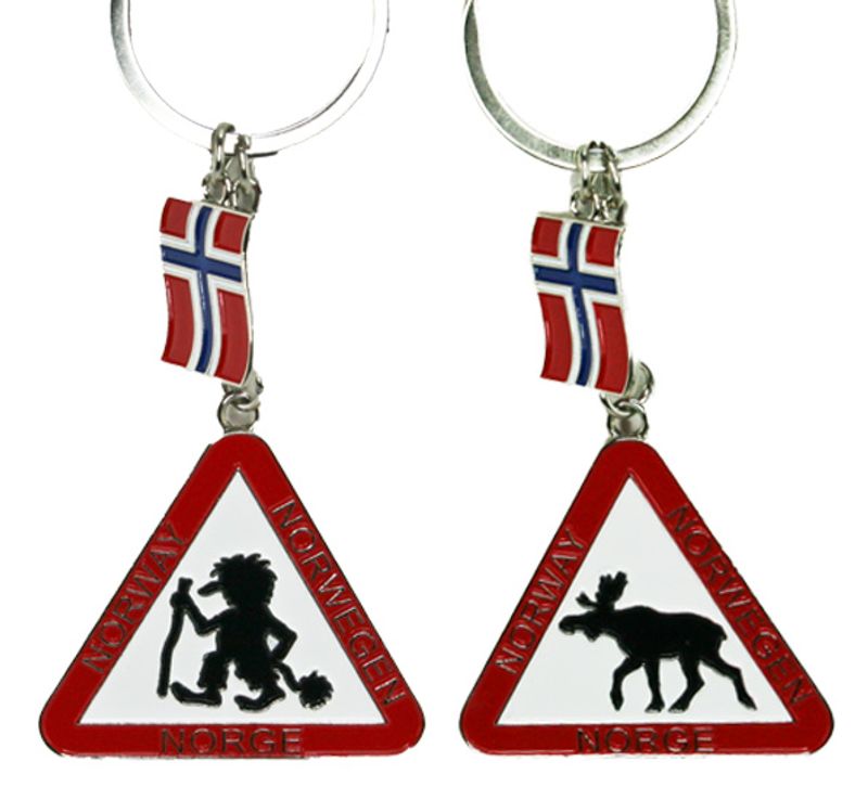 Keychain, moose and troll road sign double-sided.